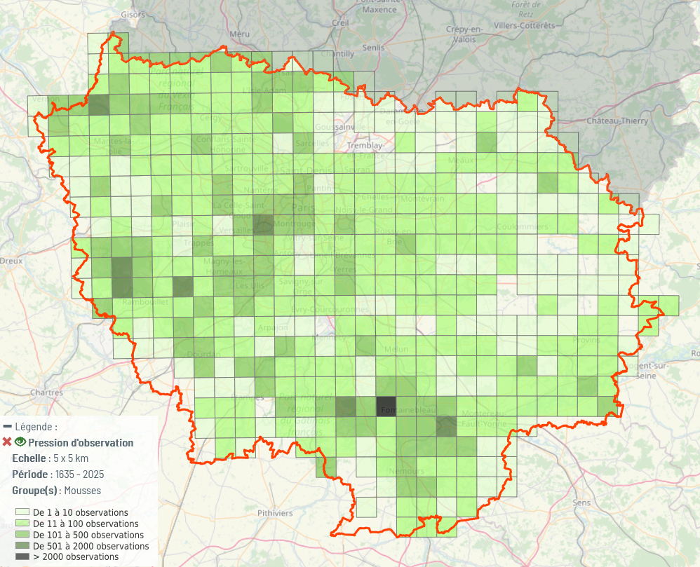 Nombre d'observations de Bryophytes par maille de 5x5km en Île-de-France. © Lobelia
