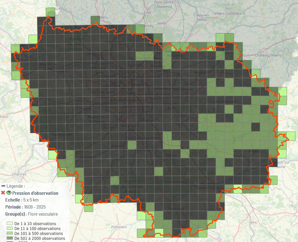 Nombre d'observations de plantes à fleurs par maille de 5x5km en Île-de-France © Lobelia